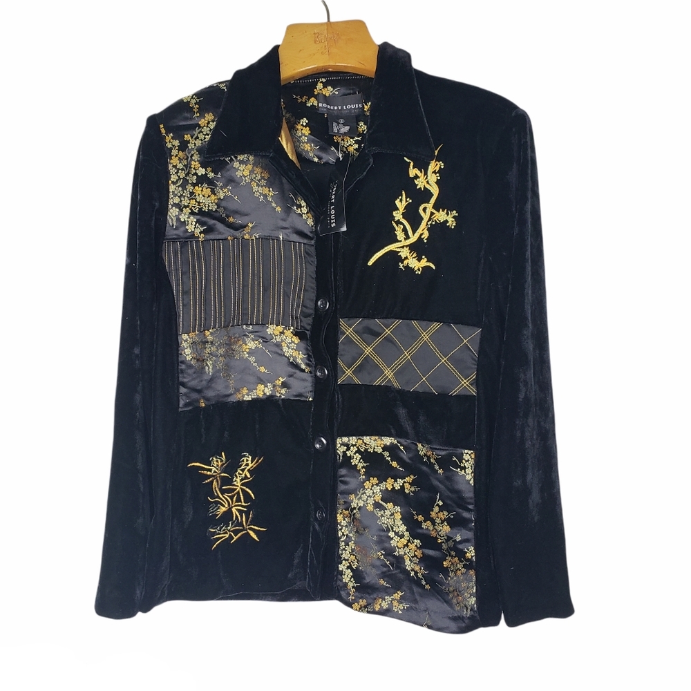 Black Silk Velvet Asian Style Button Jacket S